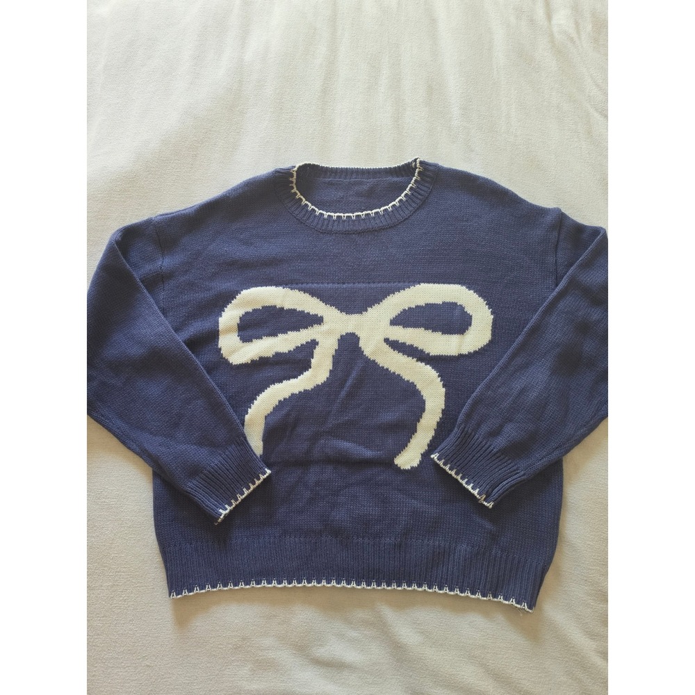 Navy Blue Bow Knit Sweater Cream Intarsia Coquette Pullover Large